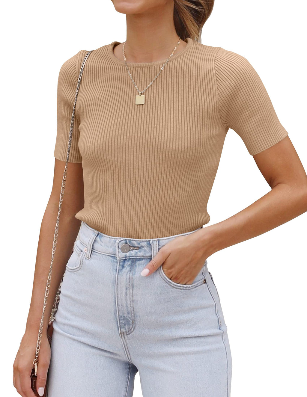Luxuii Short Sleeve Crewneck Ribbed Knit Slim Fit Top