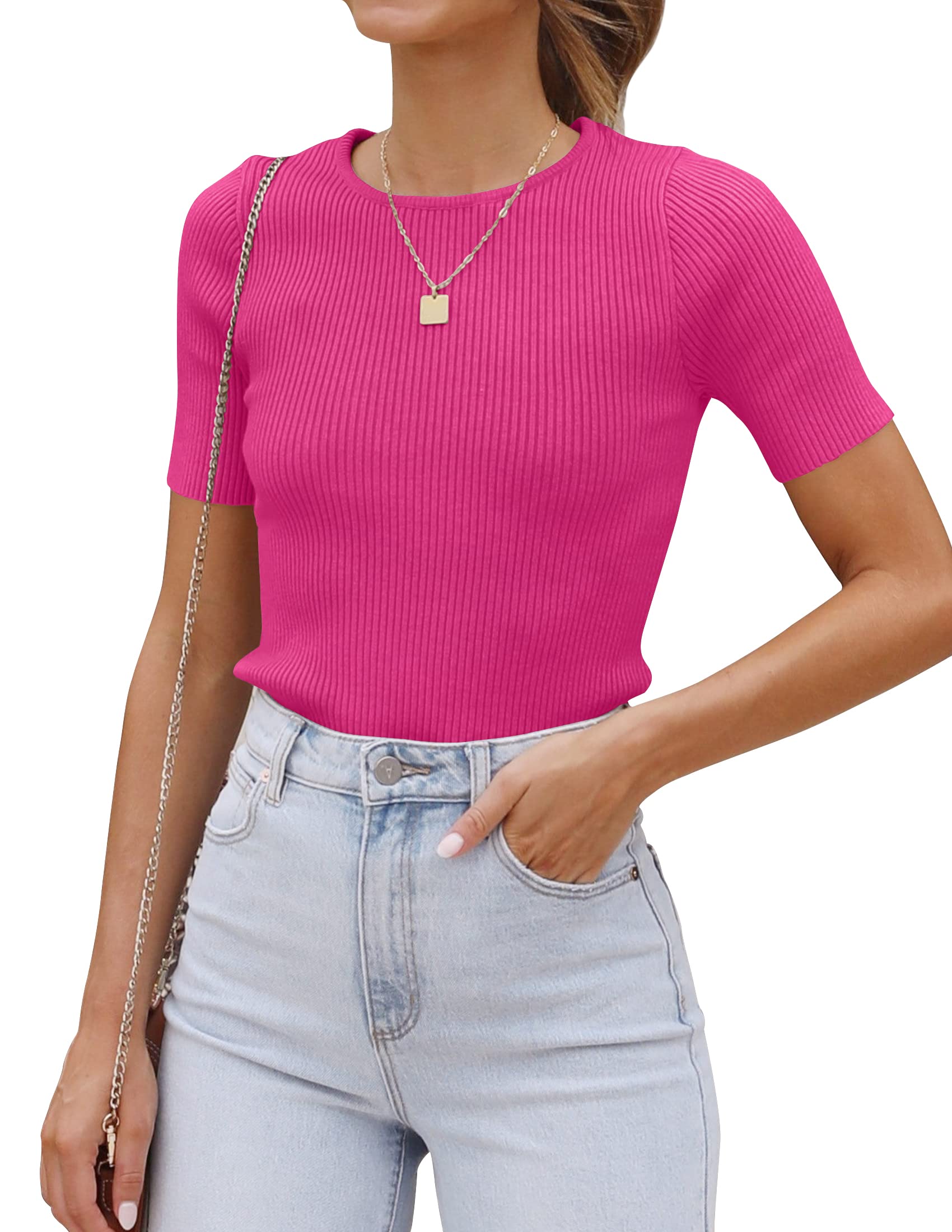 Luxuii Short Sleeve Crewneck Ribbed Knit Slim Fit Top