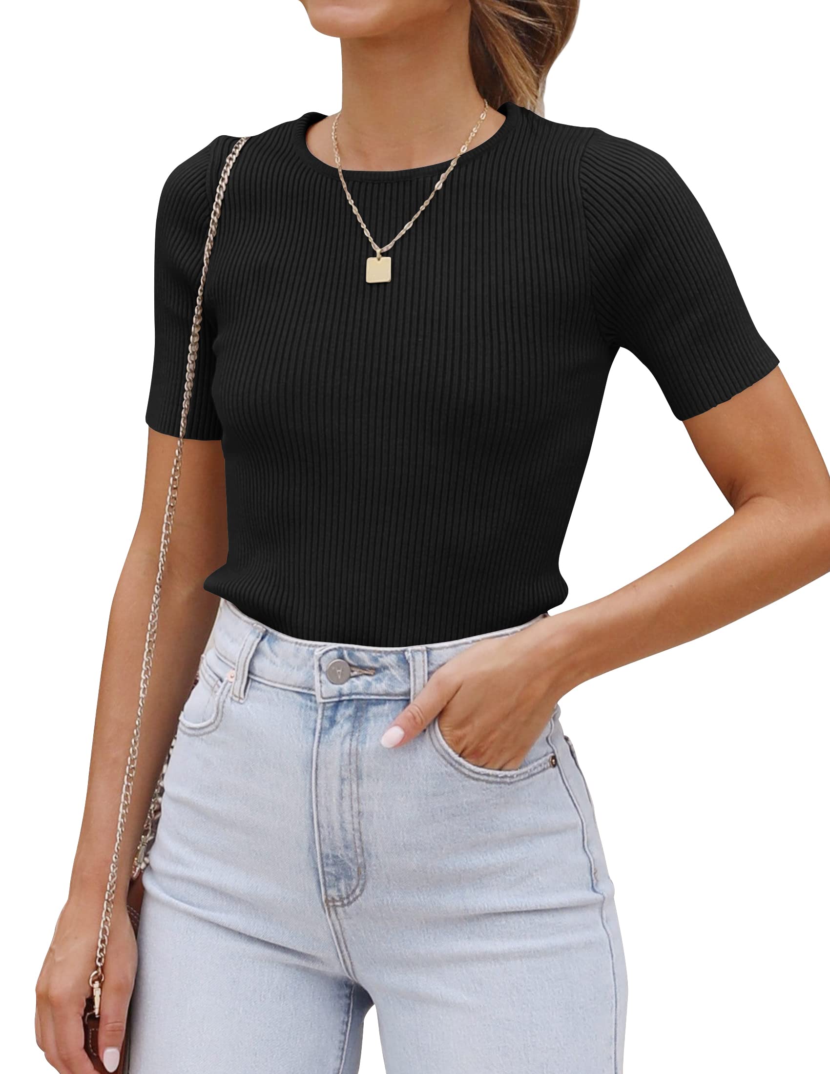 Luxuii Short Sleeve Crewneck Ribbed Knit Slim Fit Top