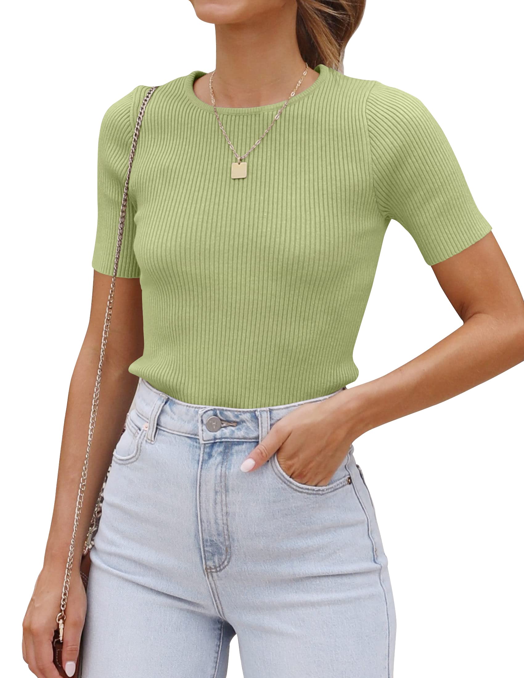 Luxuii Short Sleeve Crewneck Ribbed Knit Slim Fit Top