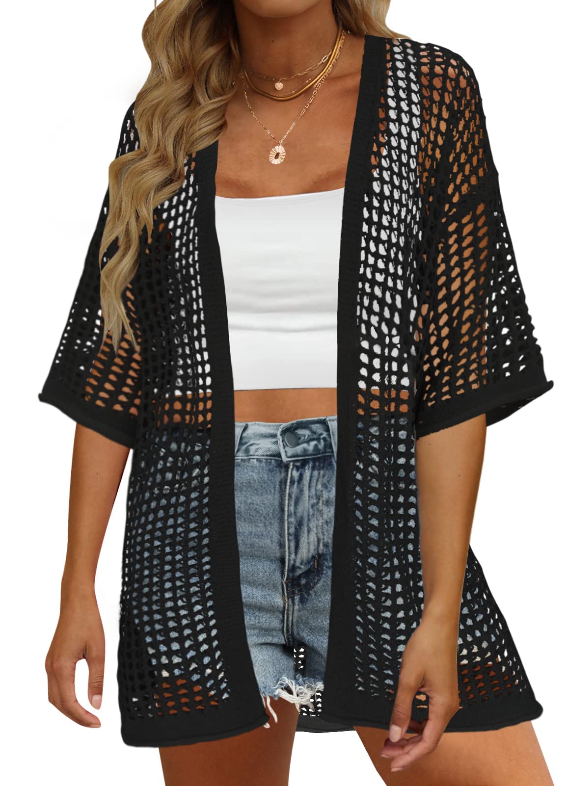 Luxuii Short Sleeve Crochet Mesh Cover Ups Cardigan