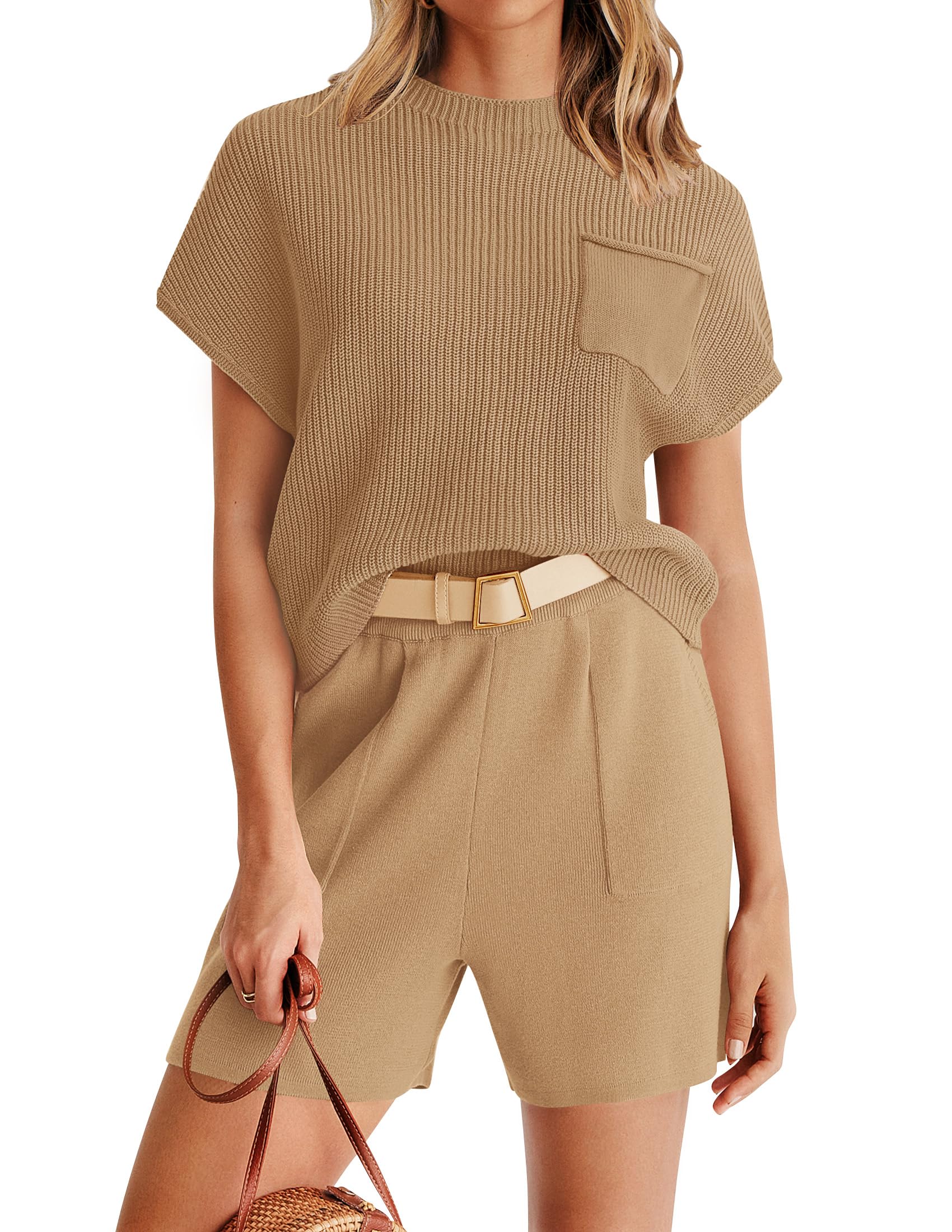 Luxuii Short Sleeve Mock Neck Knit Pullover Top and Shorts Lounge Set