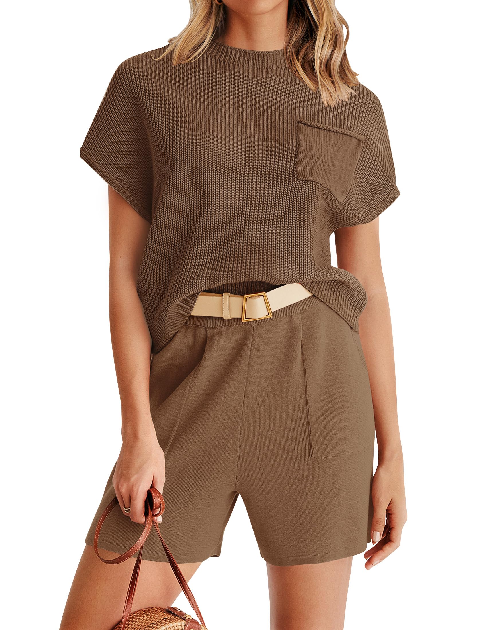Luxuii Short Sleeve Mock Neck Knit Pullover Top and Shorts Lounge Set