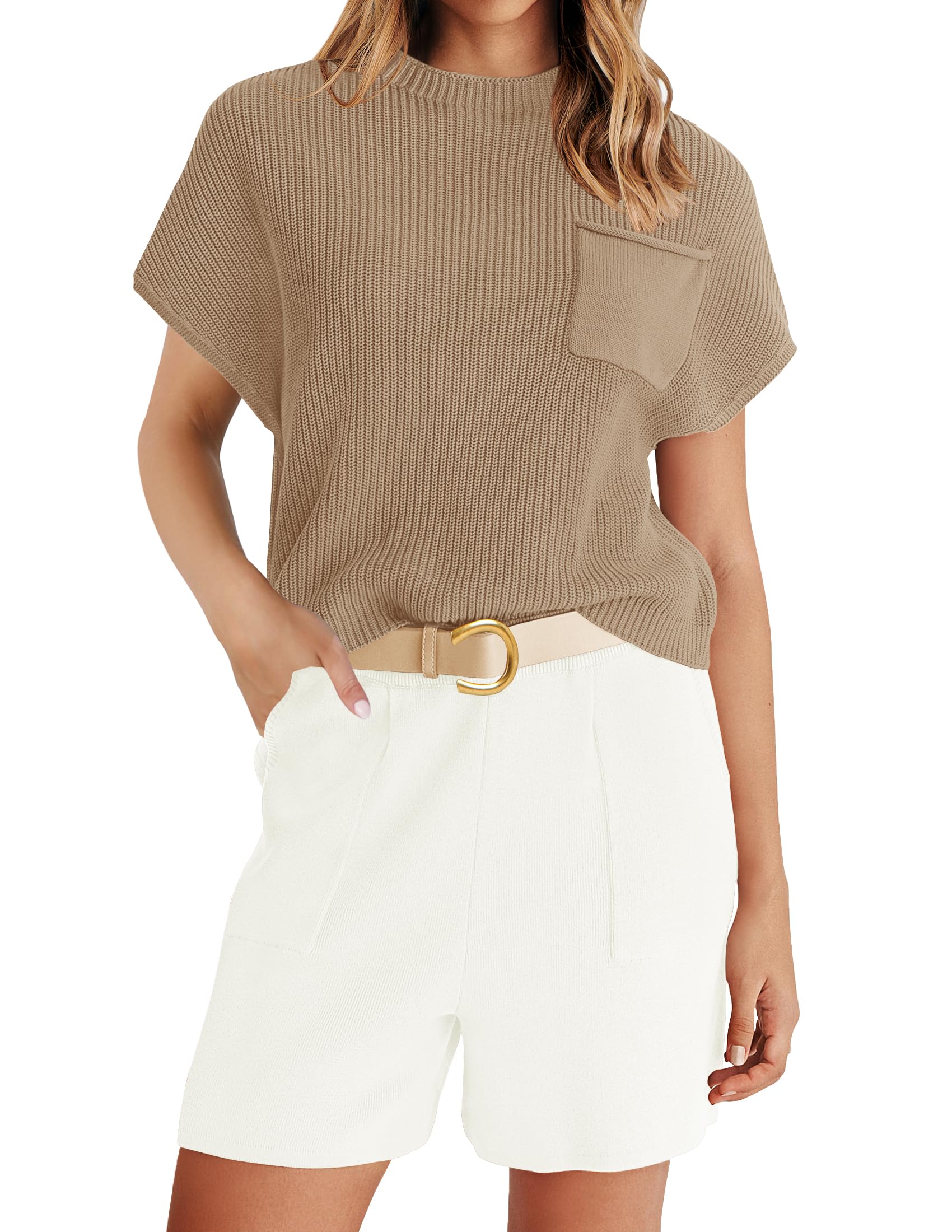 Luxuii Short Sleeve Mock Neck Knit Pullover Top and Shorts Lounge Set