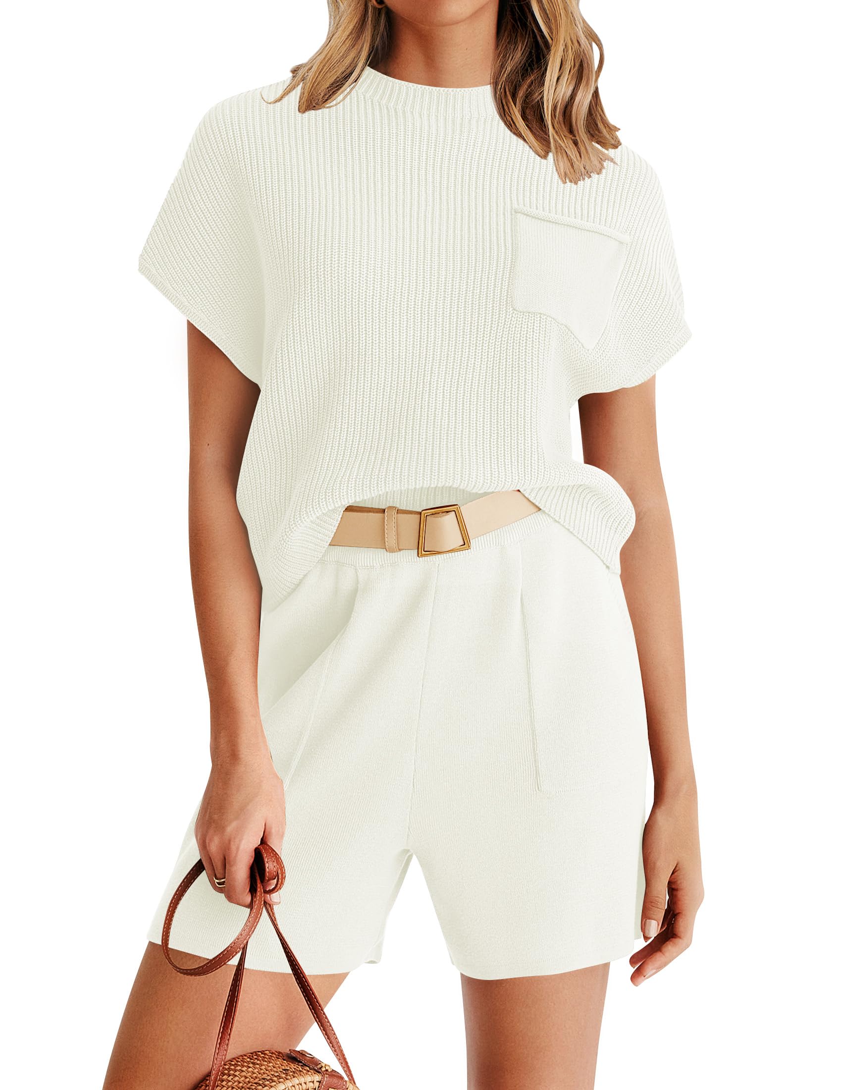 Luxuii Short Sleeve Mock Neck Knit Pullover Top and Shorts Lounge Set