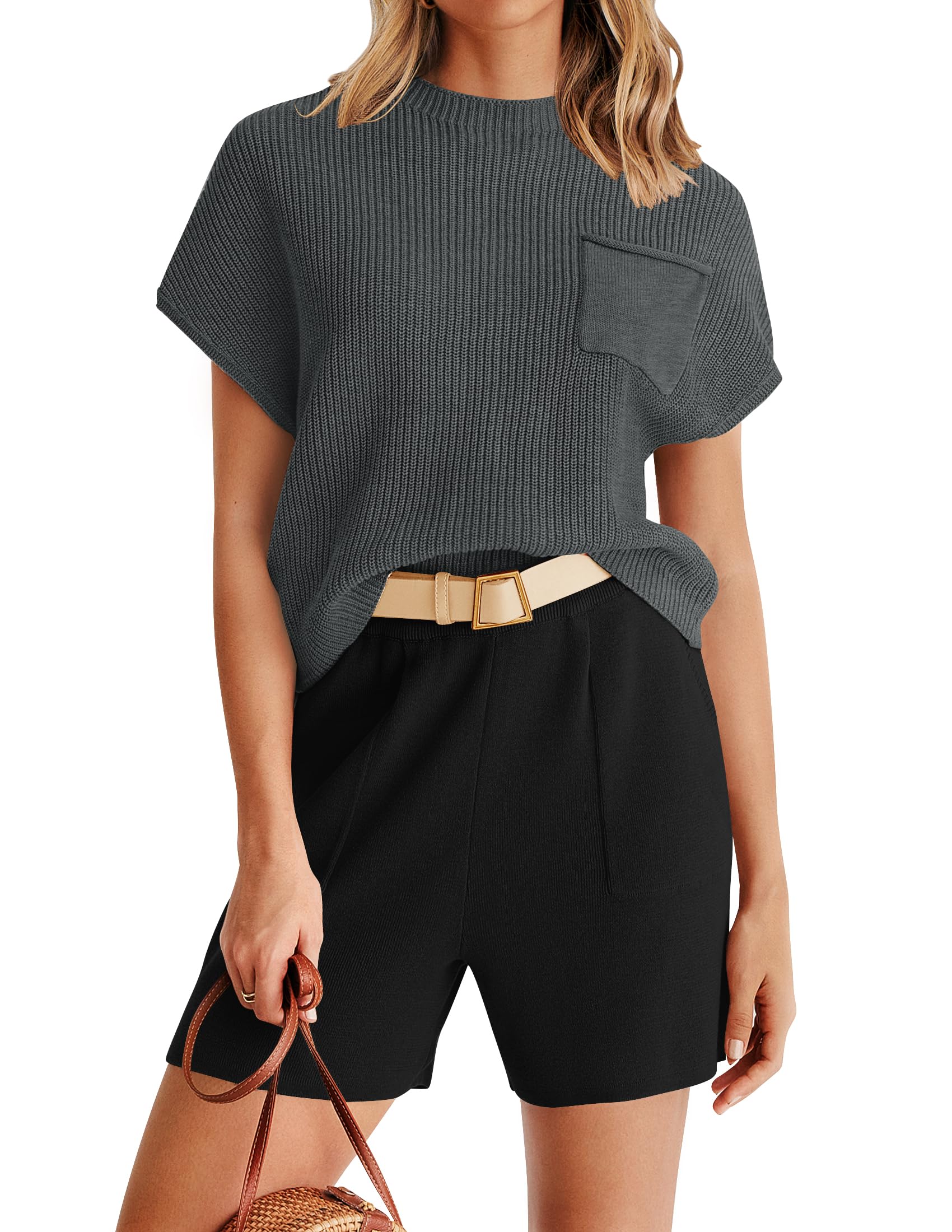 Luxuii Short Sleeve Mock Neck Knit Pullover Top and Shorts Lounge Set