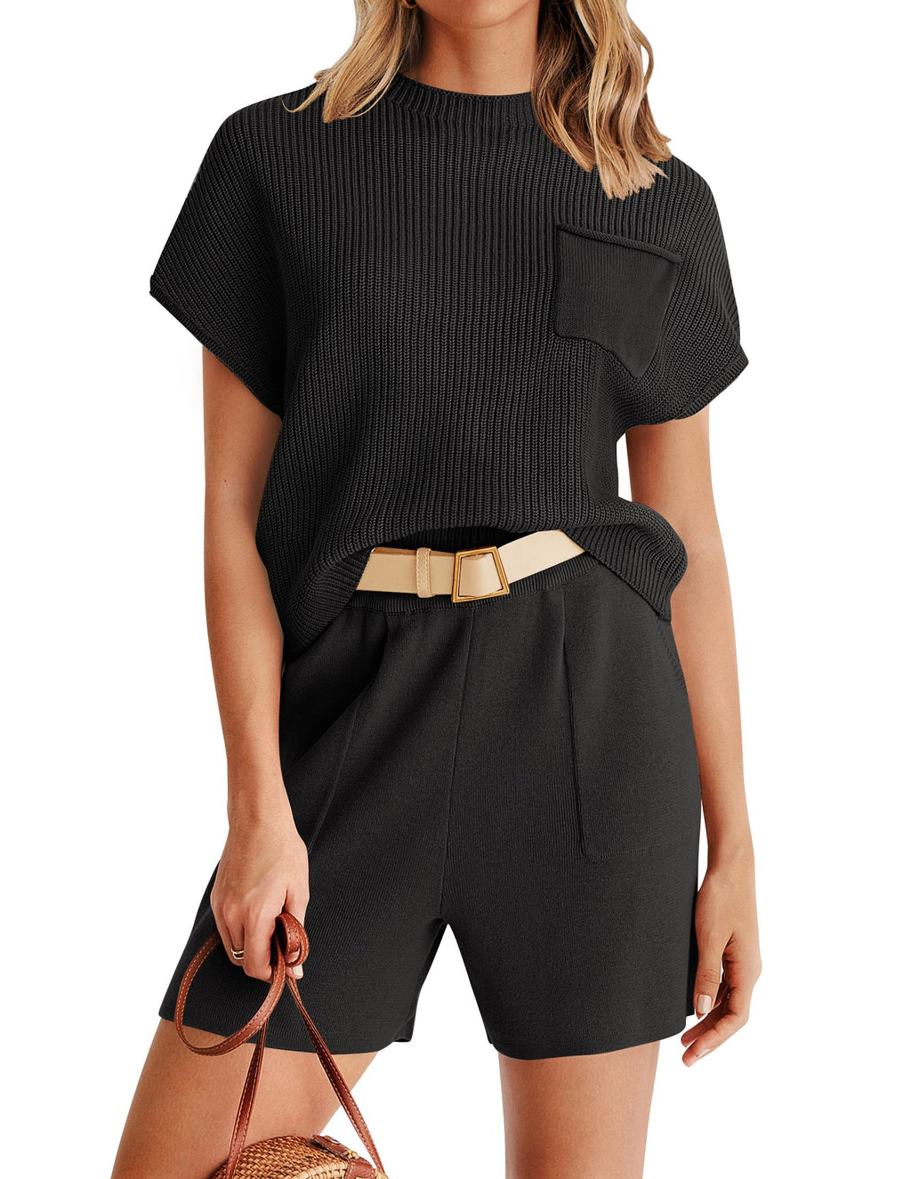 Luxuii Short Sleeve Mock Neck Knit Pullover Top and Shorts Lounge Set