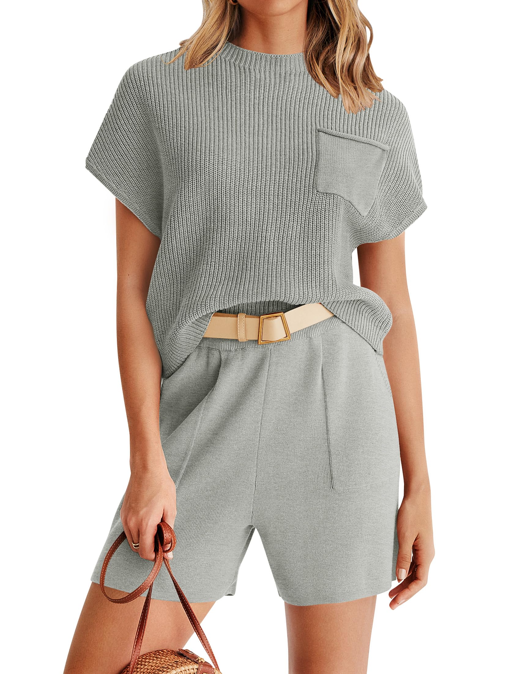 Luxuii Short Sleeve Mock Neck Knit Pullover Top and Shorts Lounge Set