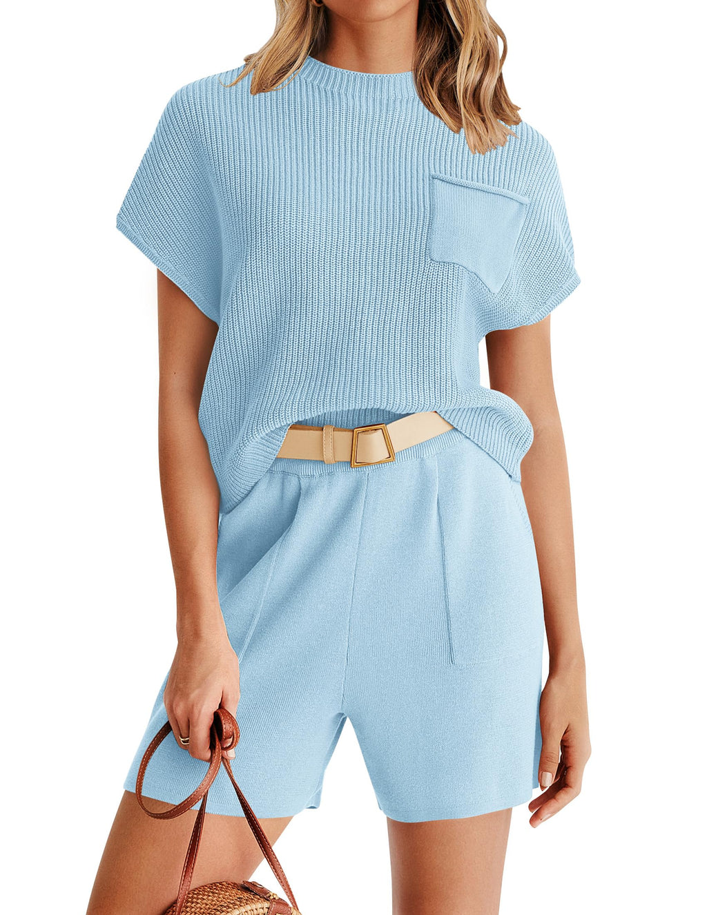 Luxuii Short Sleeve Mock Neck Knit Pullover Top and Shorts Lounge Set