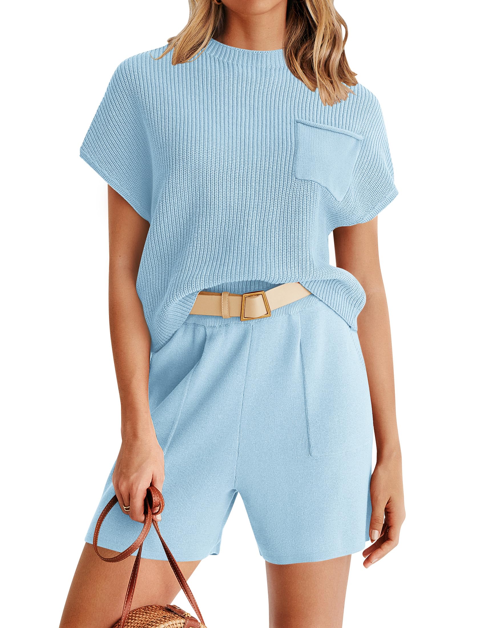 Luxuii Short Sleeve Mock Neck Knit Pullover Top and Shorts Lounge Set