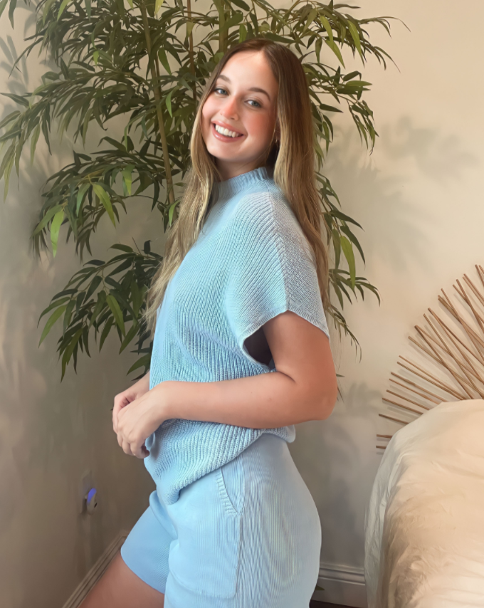 Luxuii Short Sleeve Mock Neck Knit Pullover Top and Shorts Lounge Set