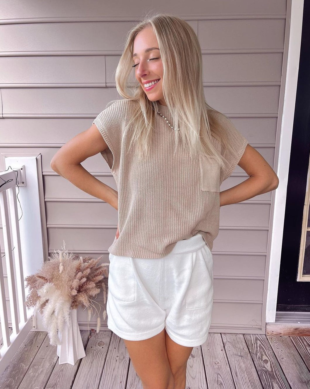 Luxuii Short Sleeve Mock Neck Knit Pullover Top and Shorts Lounge Set