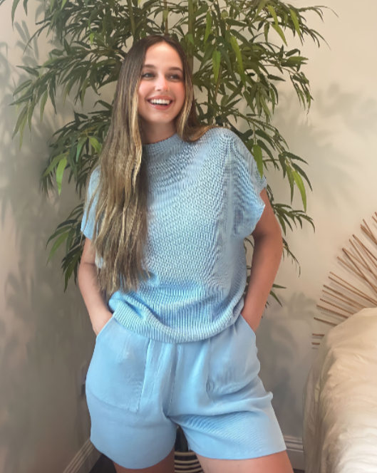 Luxuii Short Sleeve Mock Neck Knit Pullover Top and Shorts Lounge Set