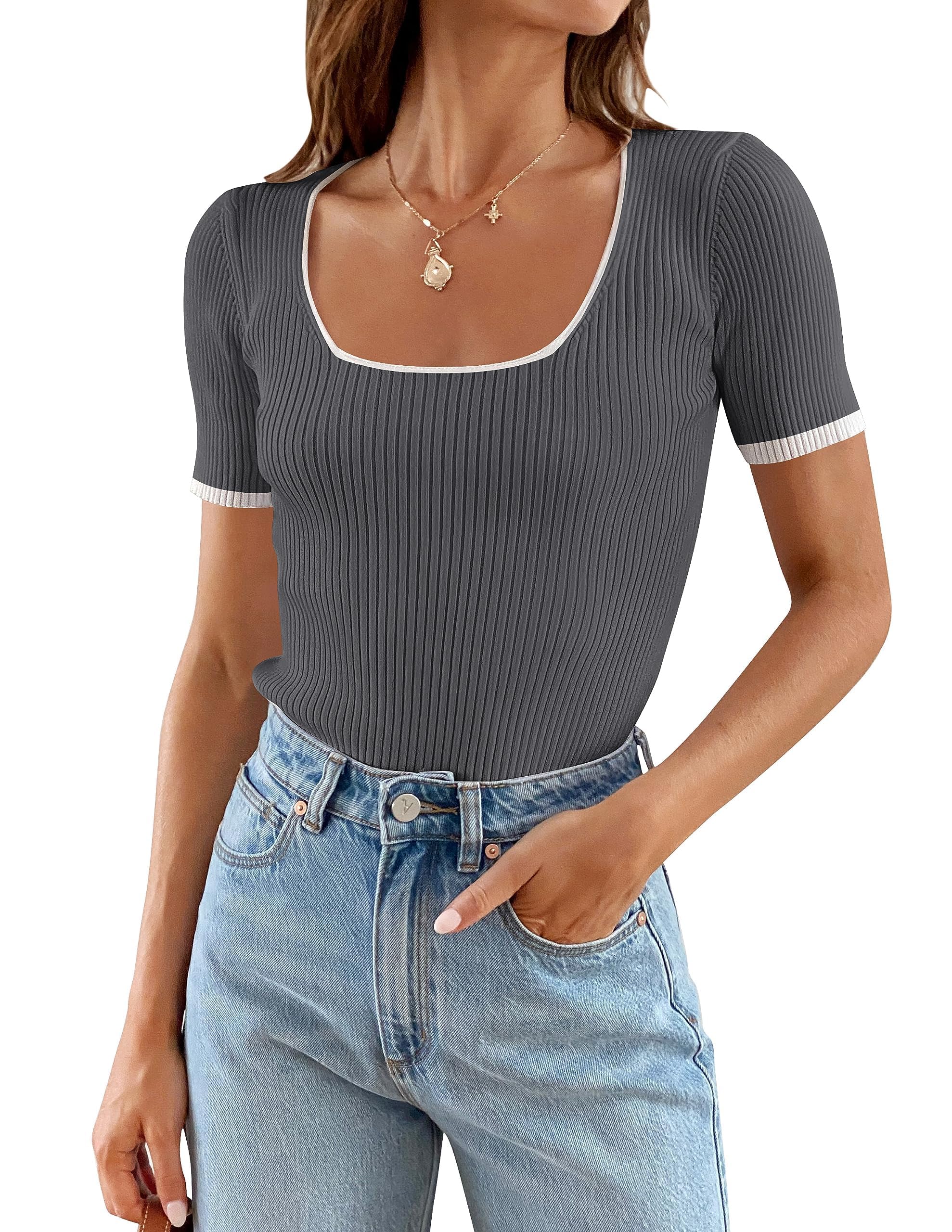 Luxuii Short Sleeve Square Neck Color Block Ribbed Top