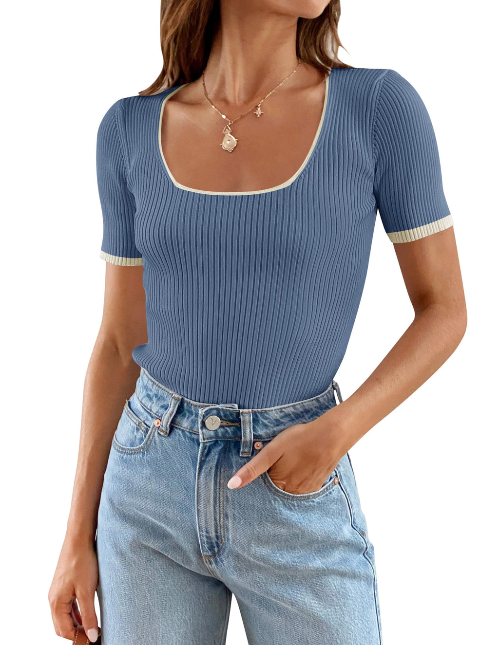 Luxuii Short Sleeve Square Neck Color Block Ribbed Top