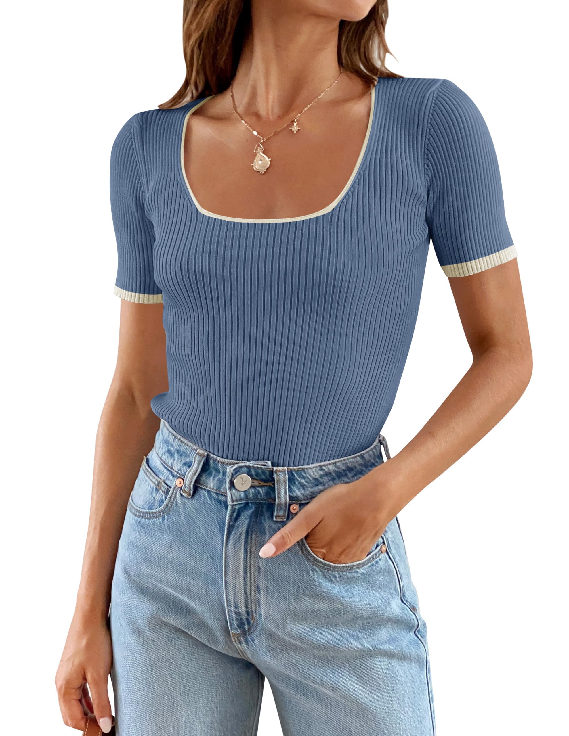 Luxuii Short Sleeve Square Neck Color Block Ribbed Top