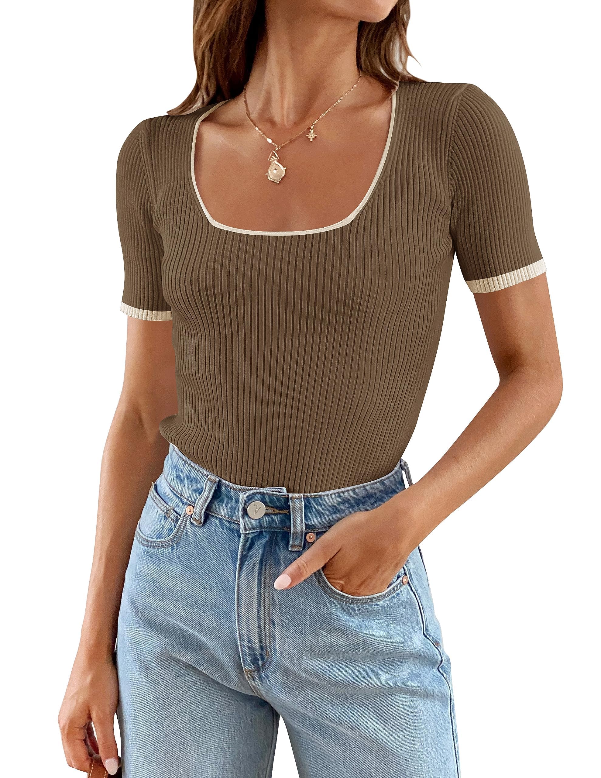 Luxuii Short Sleeve Square Neck Color Block Ribbed Top