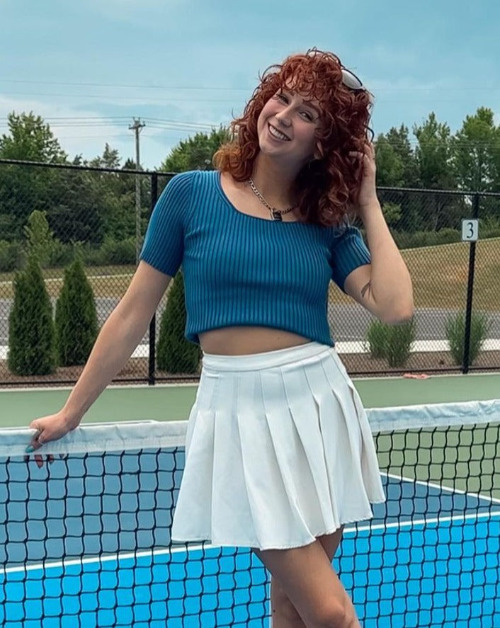 Luxuii Short Sleeve Square Neck Ribbed Knit Top