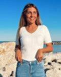 Luxuii Short Sleeve V Neck Slim Fit Ribbed Knit Top