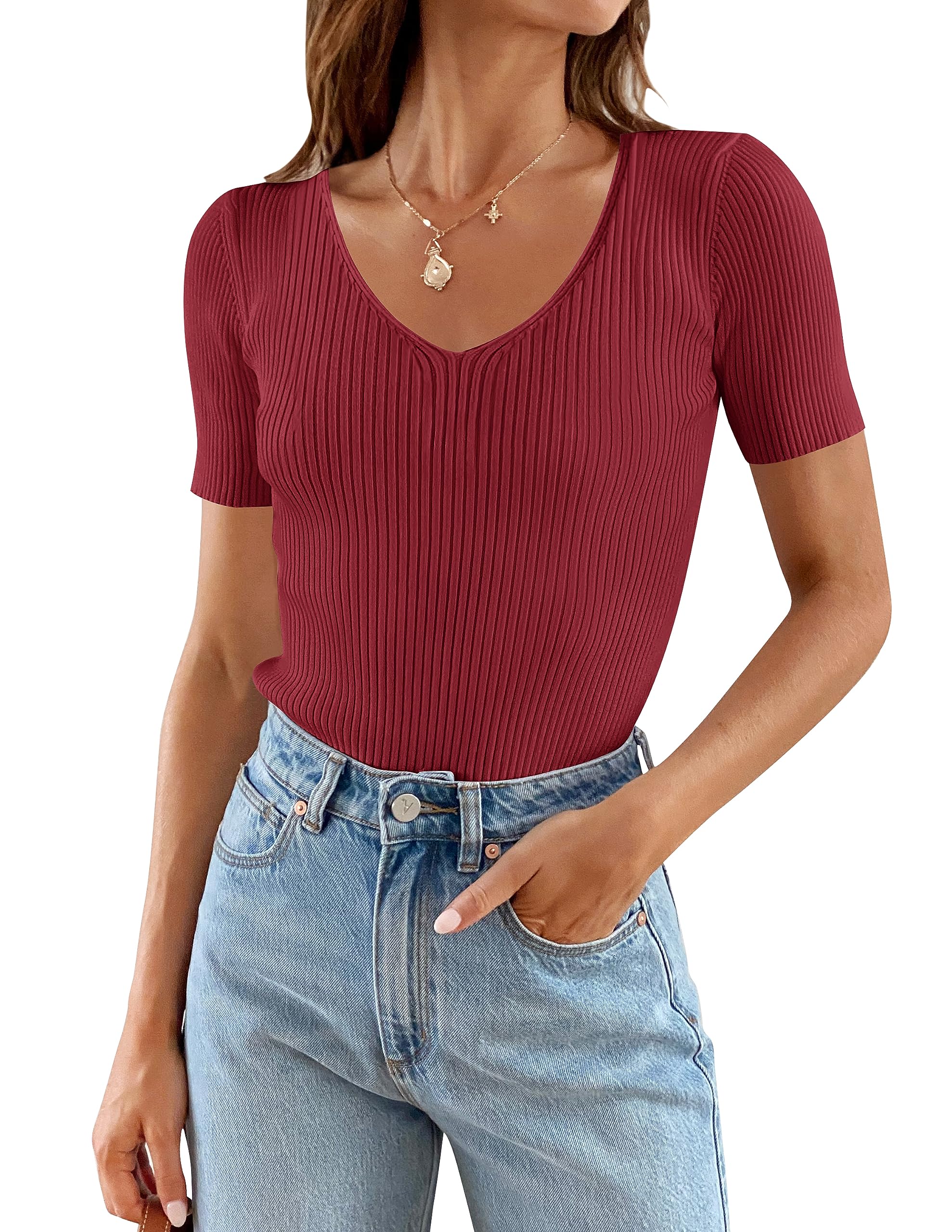Luxuii Short Sleeve V Neck Slim Fit Ribbed Knit Top