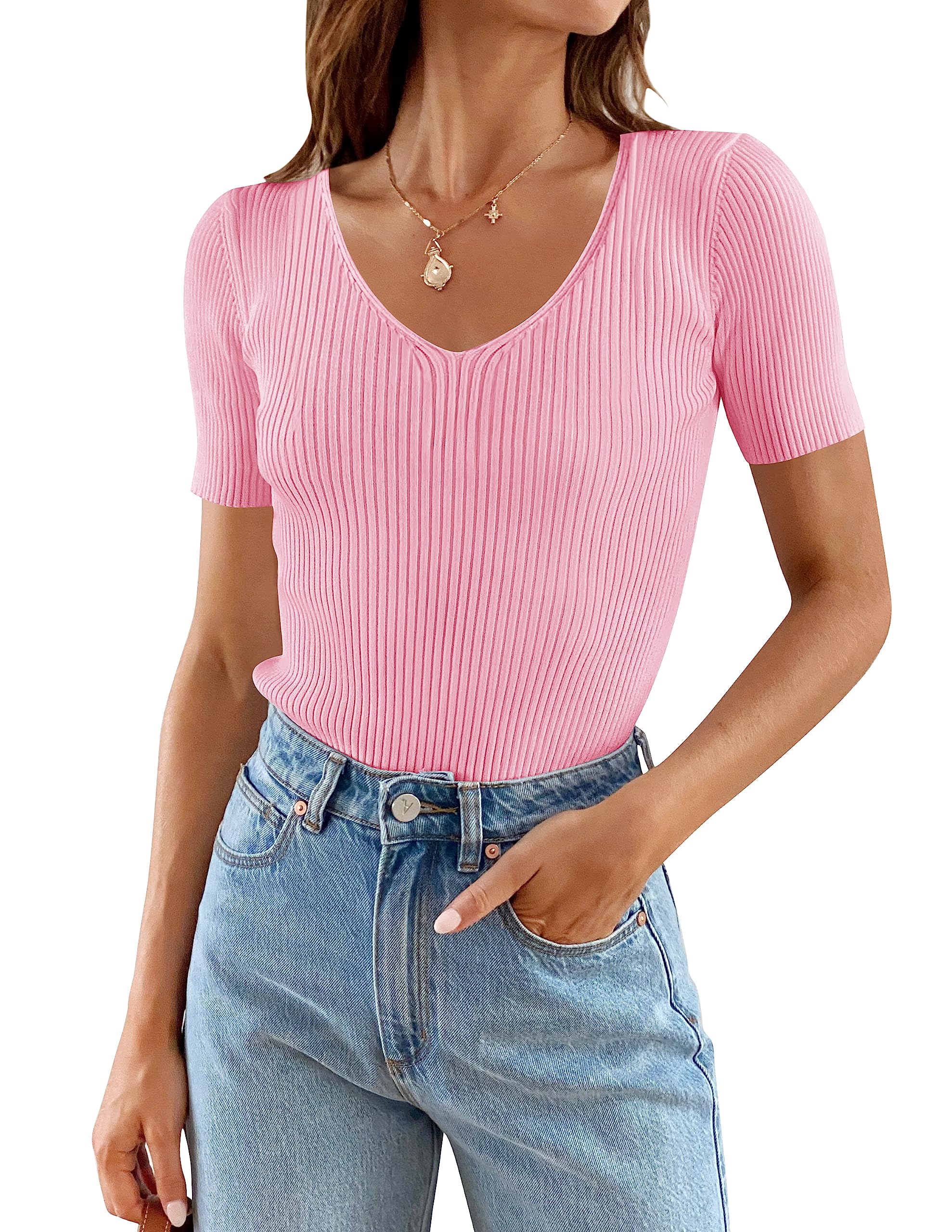 Luxuii Short Sleeve V Neck Slim Fit Ribbed Knit Top