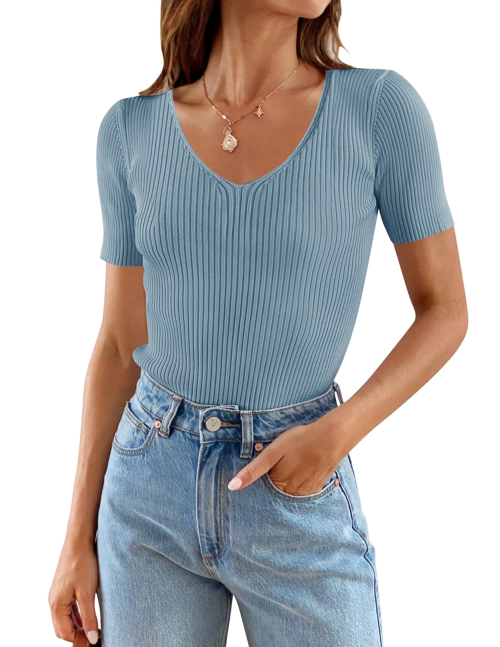 Luxuii Short Sleeve V Neck Slim Fit Ribbed Knit Top