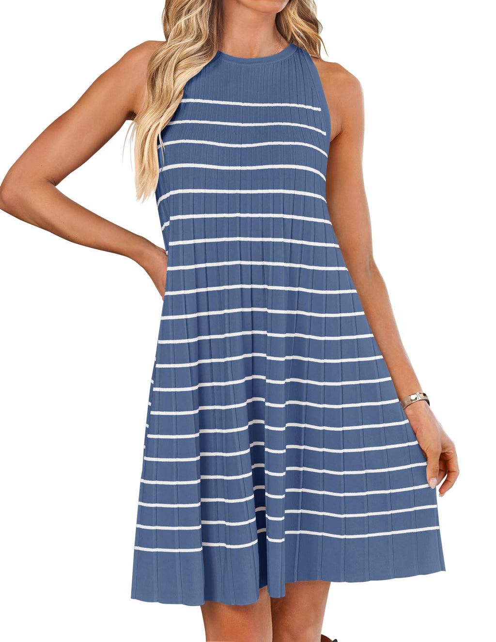 Luxuii Sleeveless Crewneck Striped Knit Pleated Mini Dress