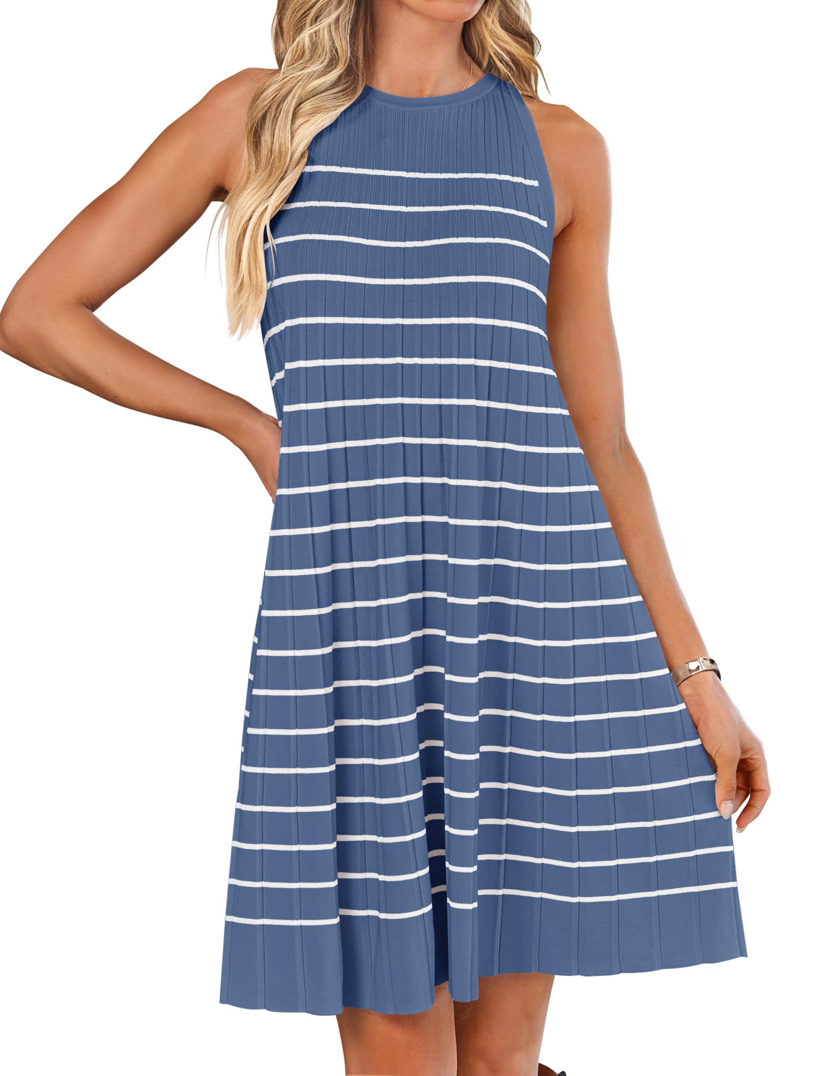 Luxuii Sleeveless Crewneck Striped Knit Pleated Mini Dress