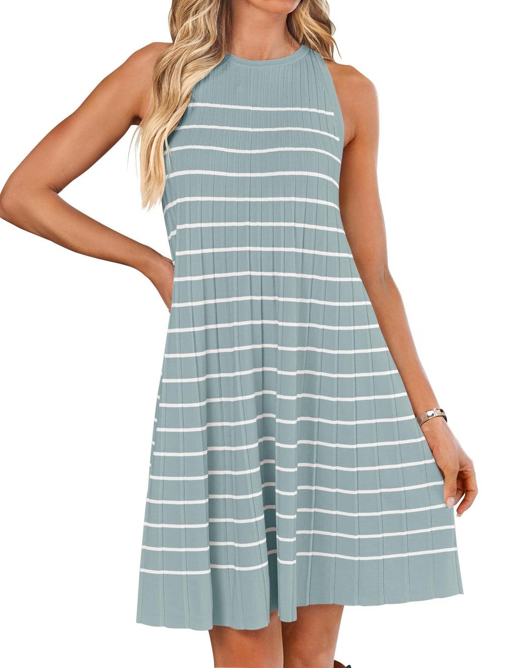 Luxuii Sleeveless Crewneck Striped Knit Pleated Mini Dress