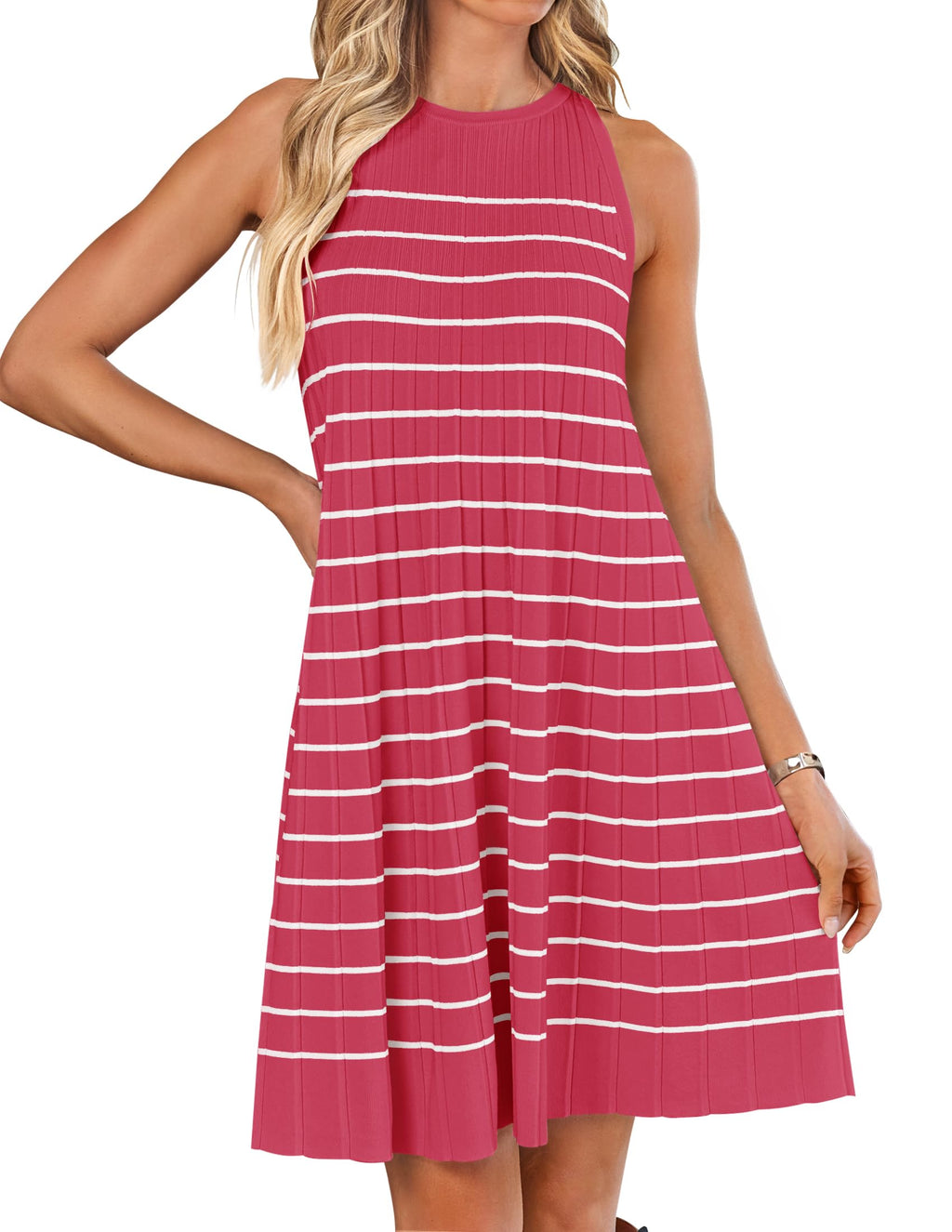 Luxuii Sleeveless Crewneck Striped Knit Pleated Mini Dress