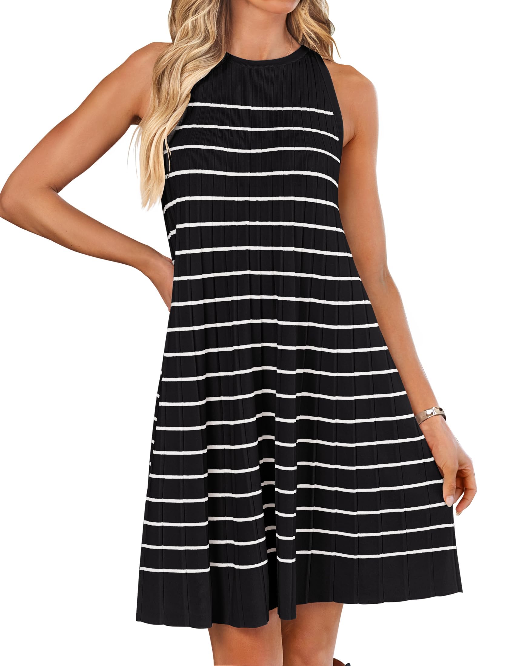 Luxuii Sleeveless Crewneck Striped Knit Pleated Mini Dress