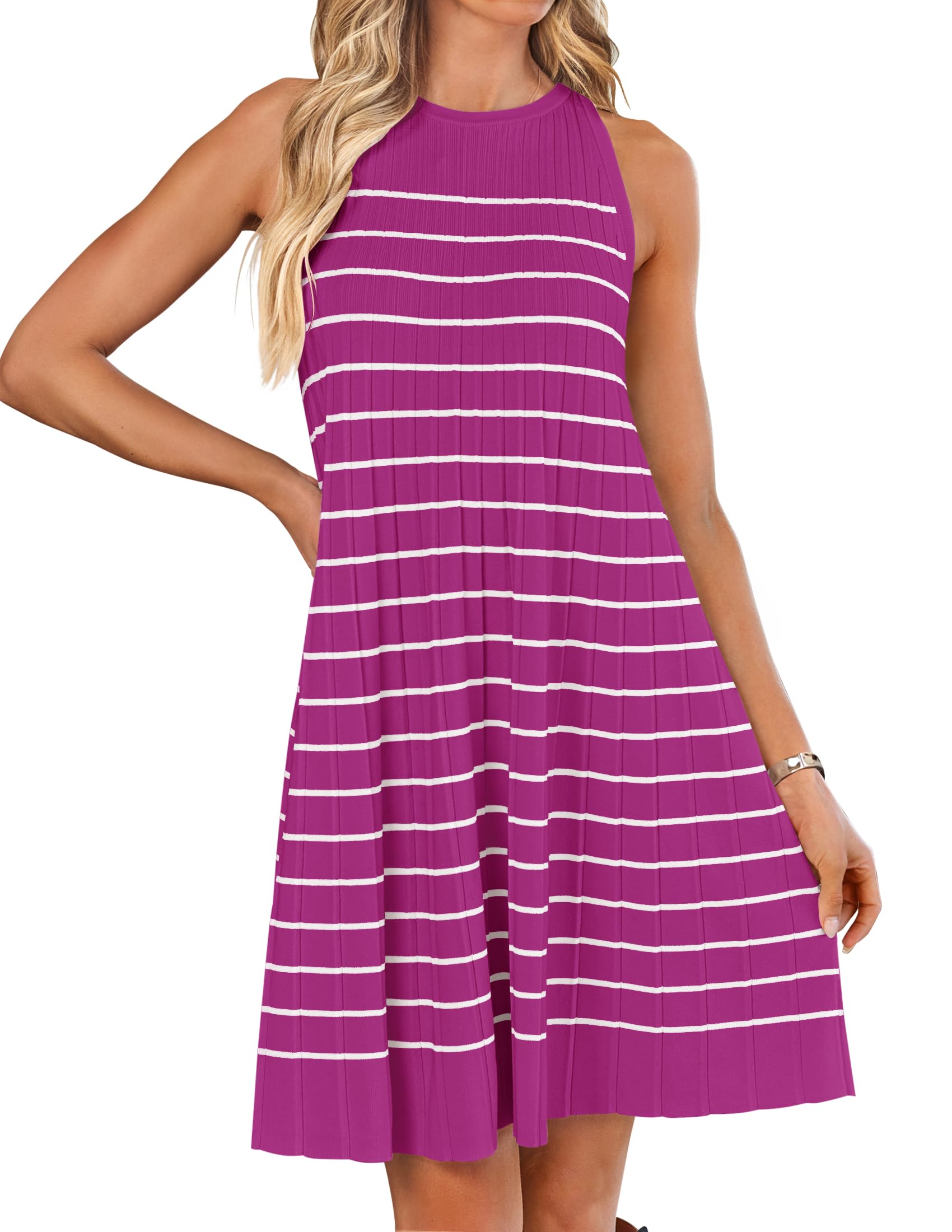 Luxuii Sleeveless Crewneck Striped Knit Pleated Mini Dress