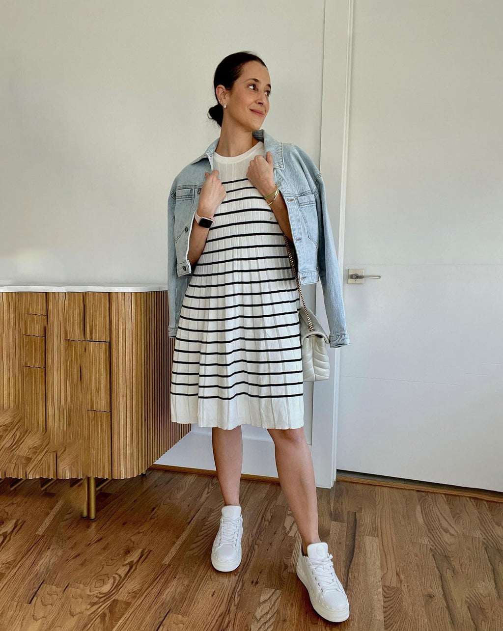 Luxuii Sleeveless Crewneck Striped Knit Pleated Mini Dress