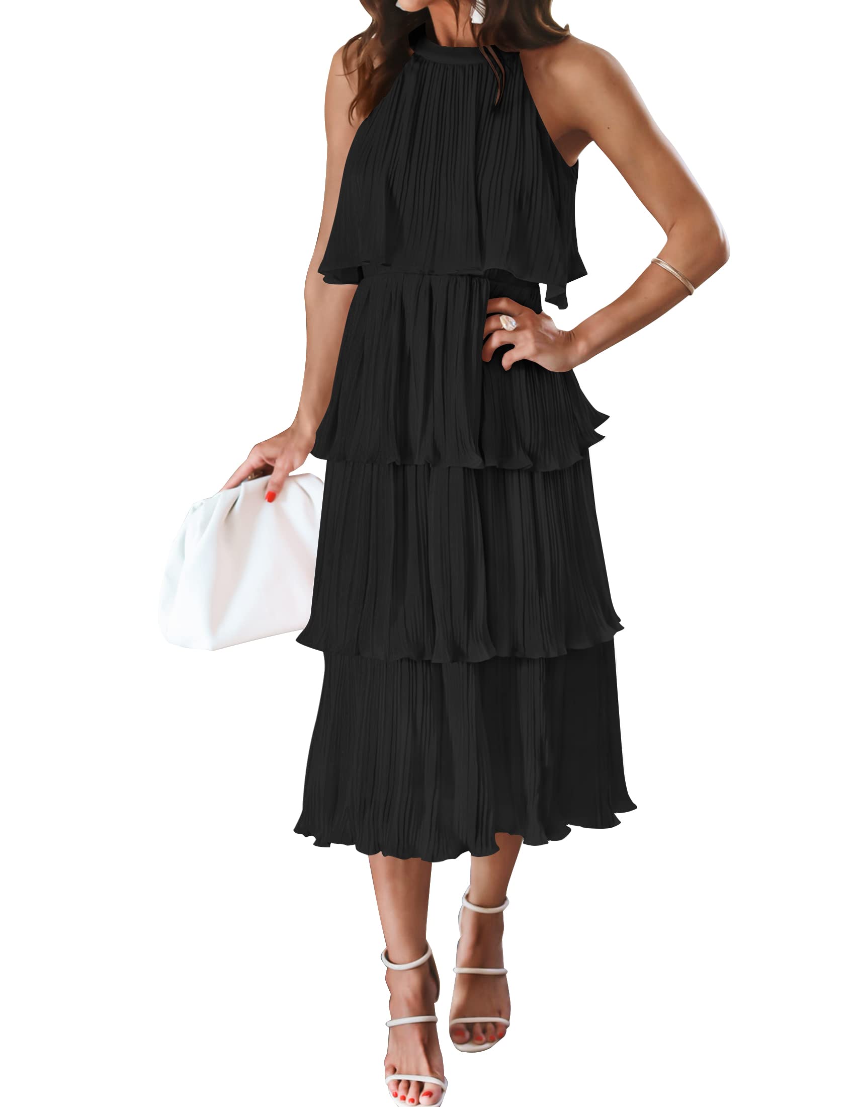 Luxuii Sleeveless Halter Neck Ruffle Tiered Midi Dress