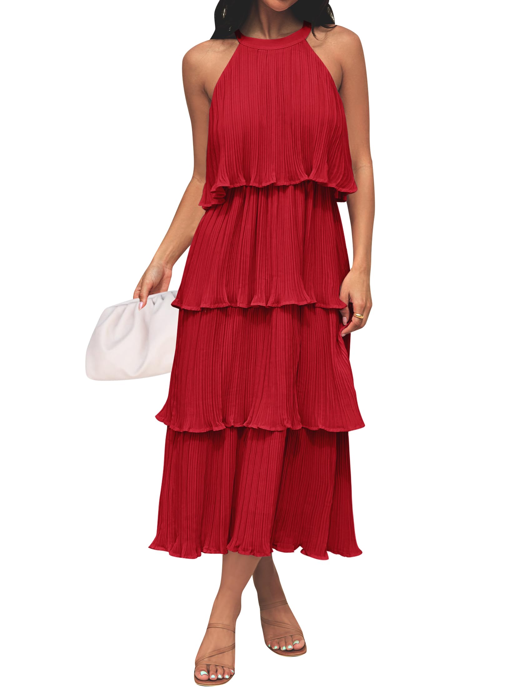 Luxuii Sleeveless Halter Neck Ruffle Tiered Midi Dress
