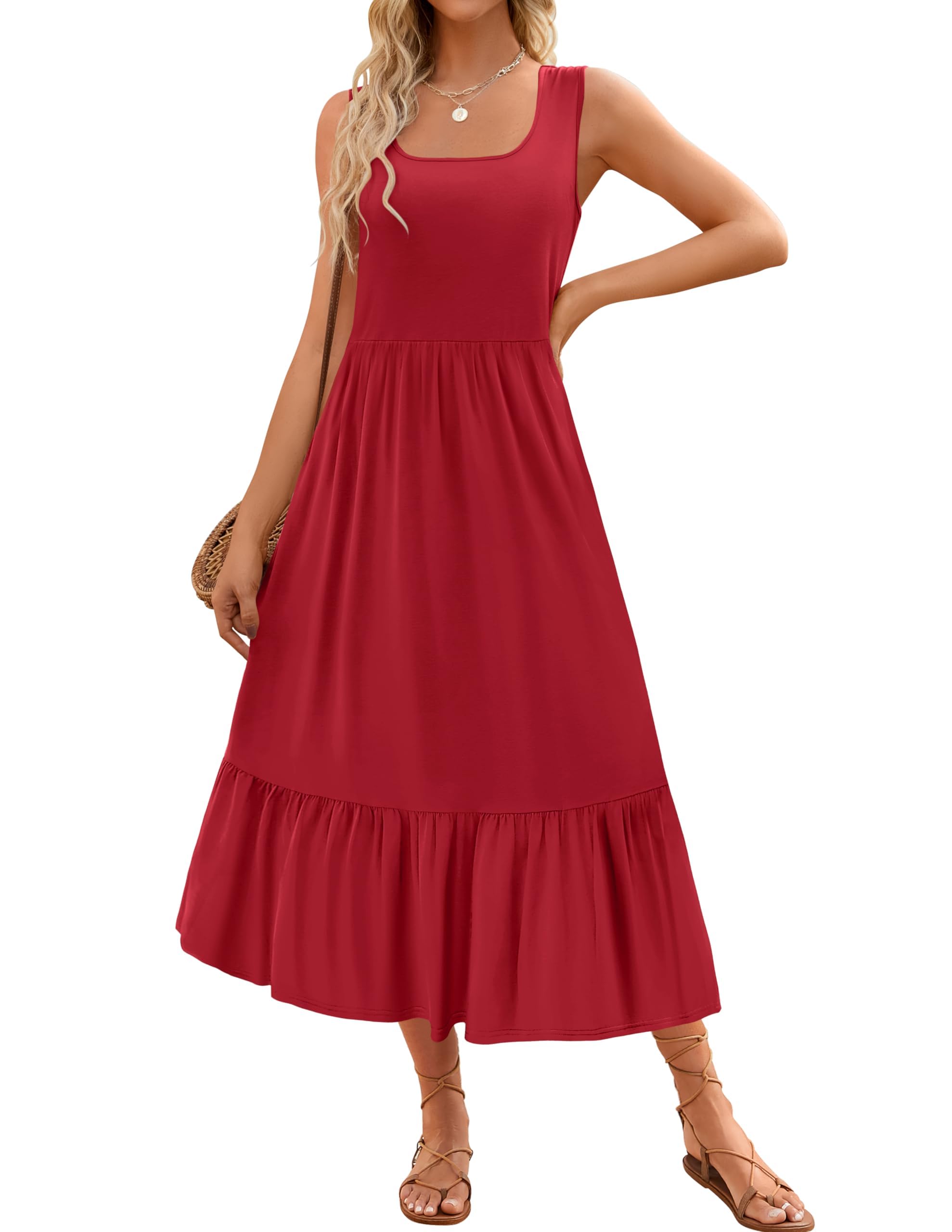 Luxuii Sleeveless Square Neck Tiered Swing Maxi Dress