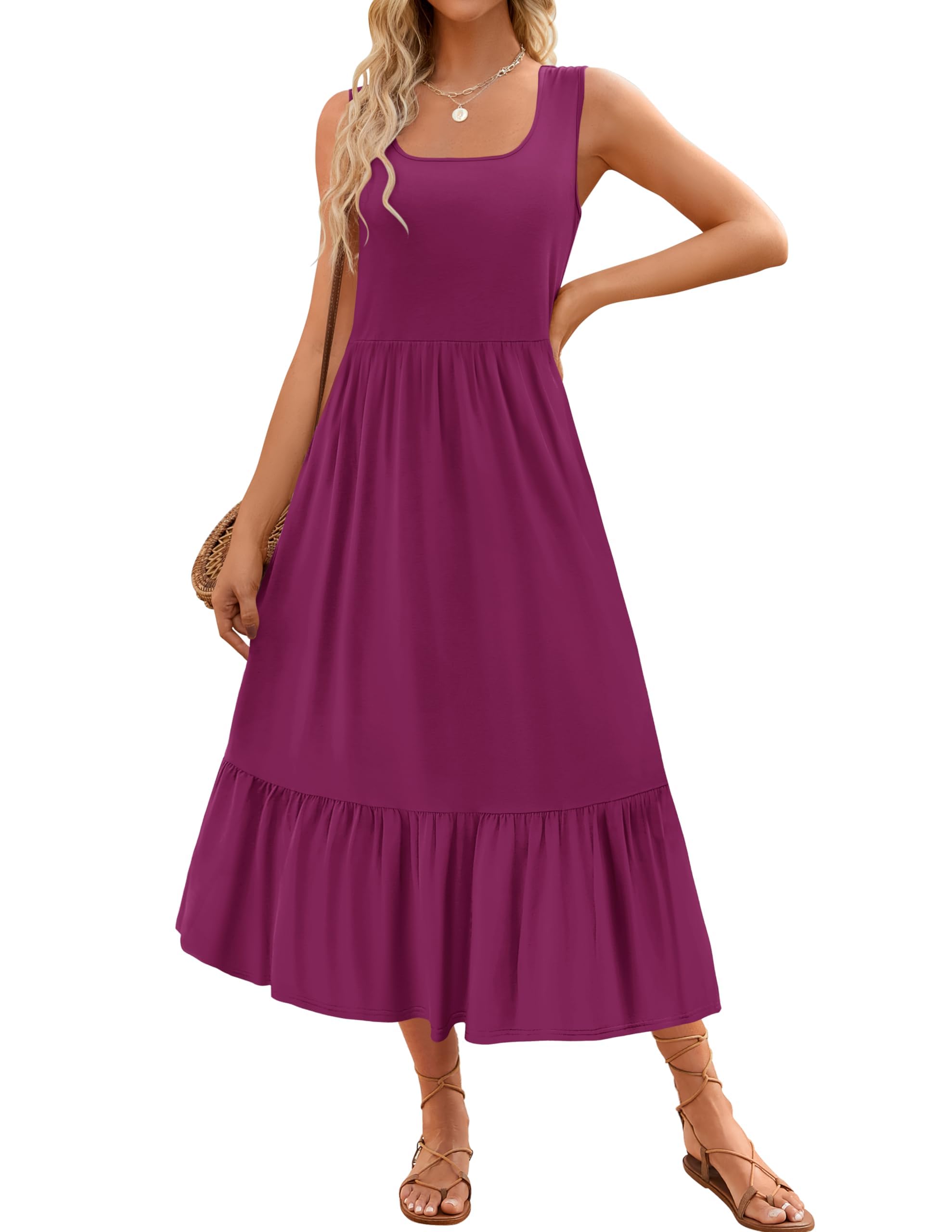 Luxuii Sleeveless Square Neck Tiered Swing Maxi Dress