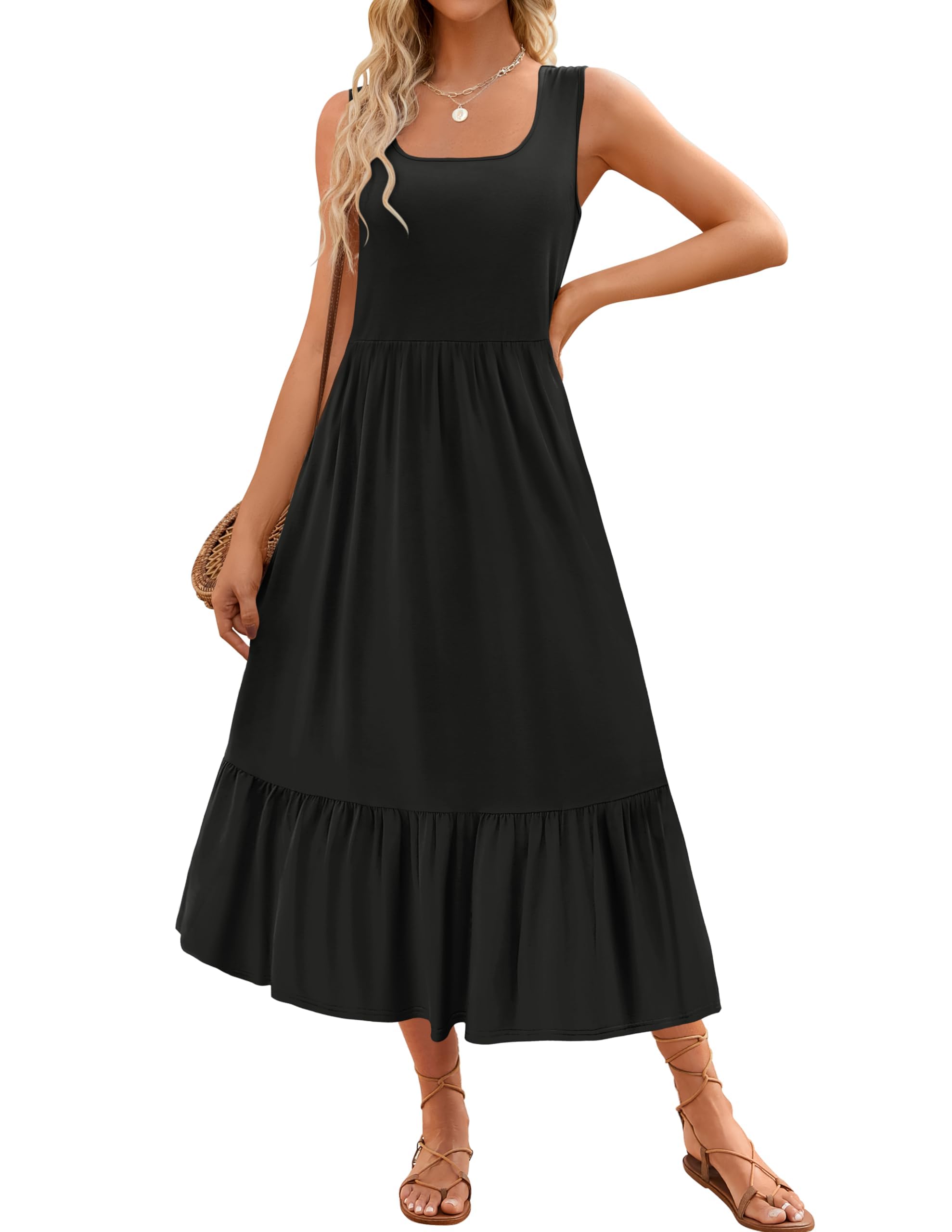 Luxuii Sleeveless Square Neck Tiered Swing Maxi Dress