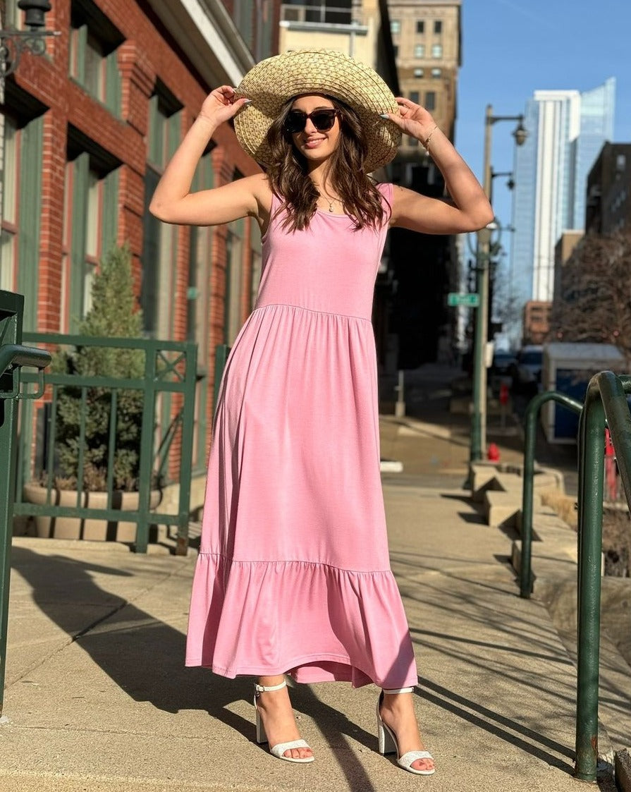 Luxuii Sleeveless Square Neck Tiered Swing Maxi Dress