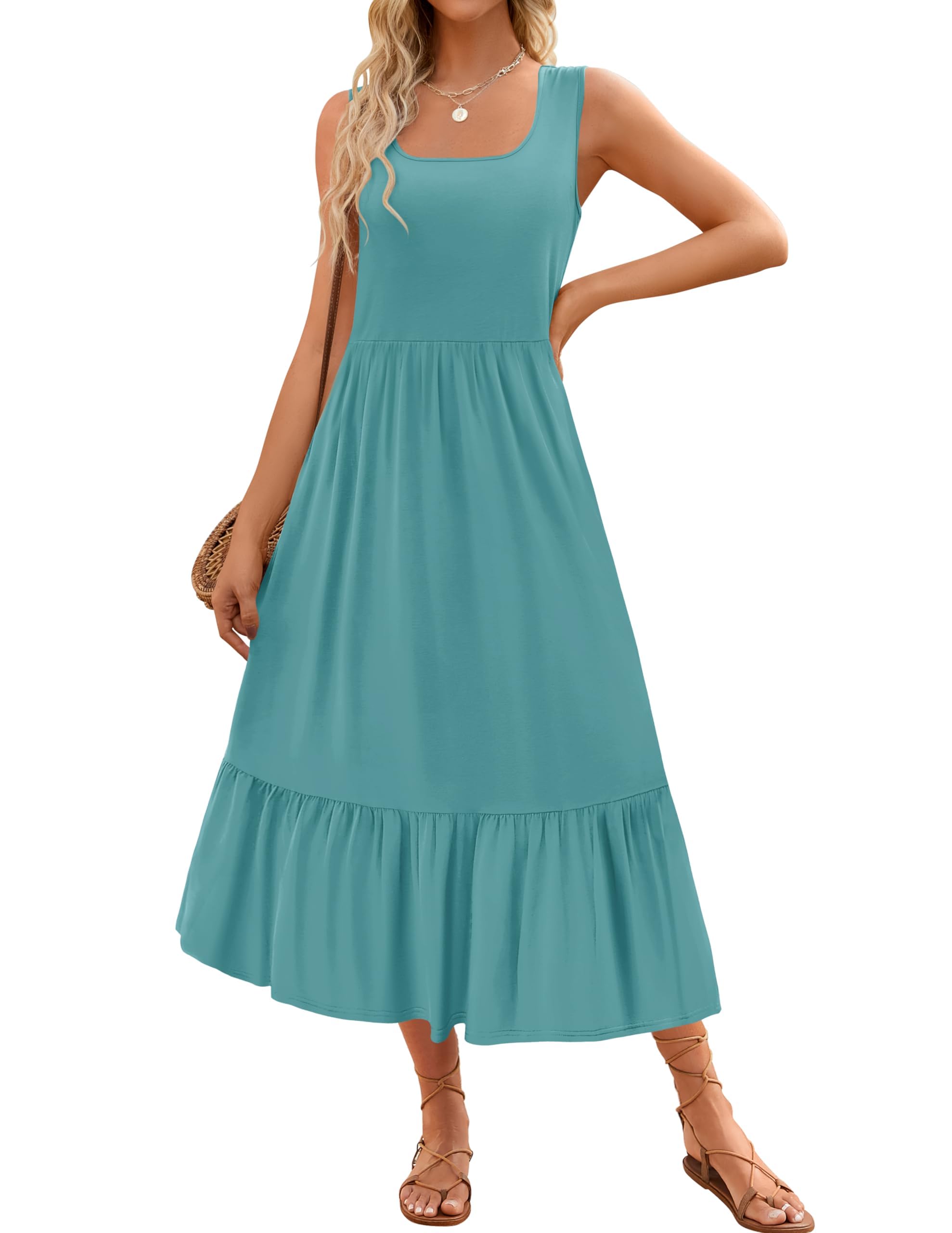 Luxuii Sleeveless Square Neck Tiered Swing Maxi Dress
