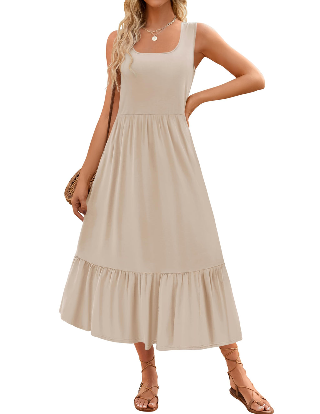 Luxuii Sleeveless Square Neck Tiered Swing Maxi Dress