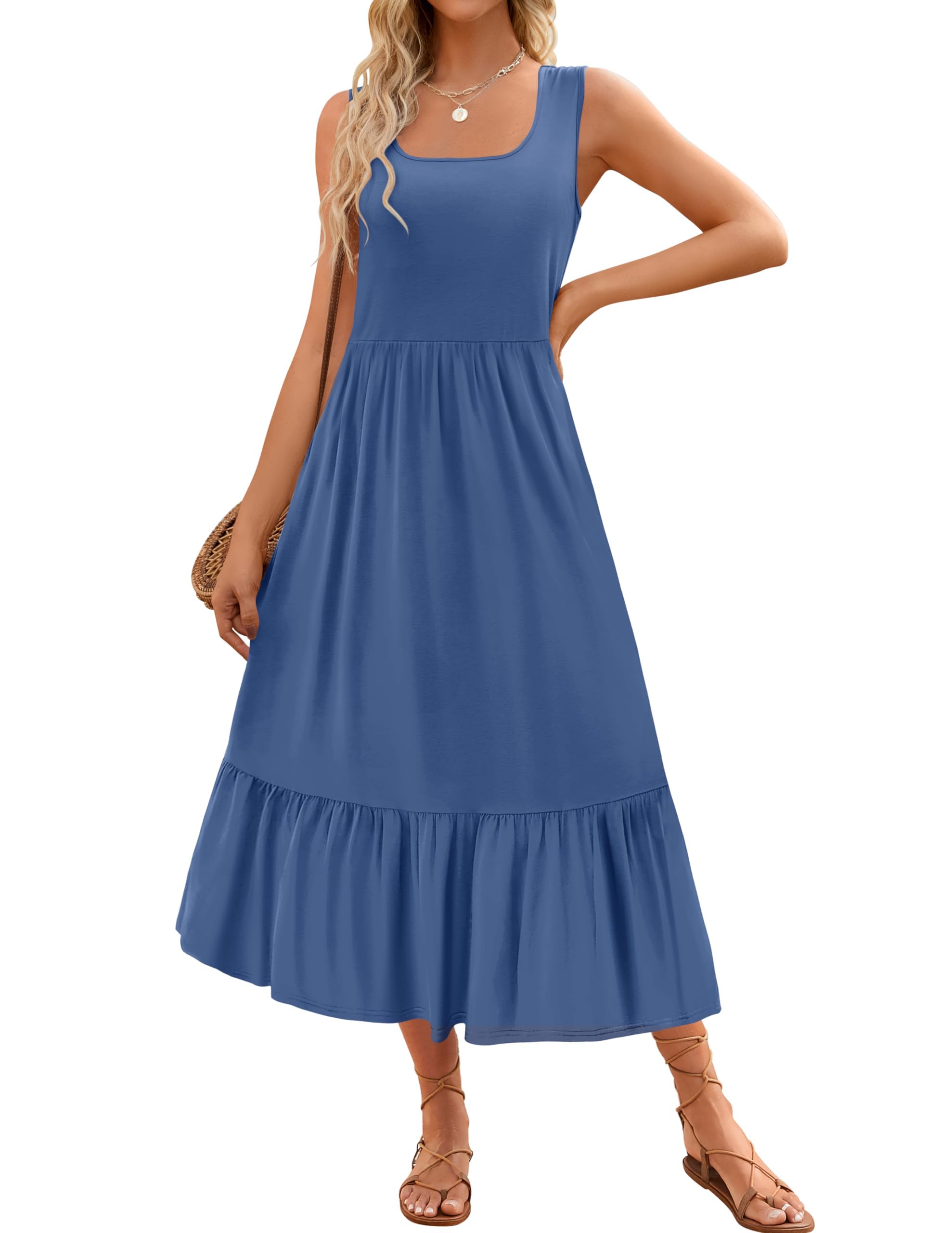 Luxuii Sleeveless Square Neck Tiered Swing Maxi Dress
