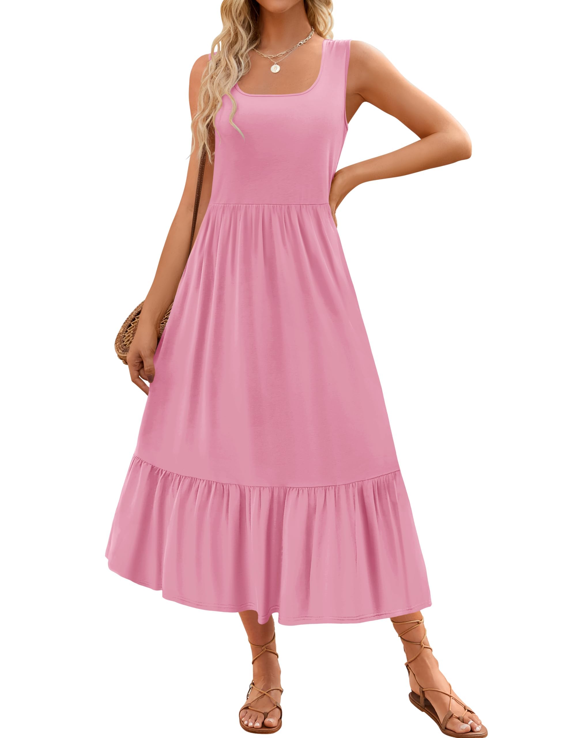 Luxuii Sleeveless Square Neck Tiered Swing Maxi Dress