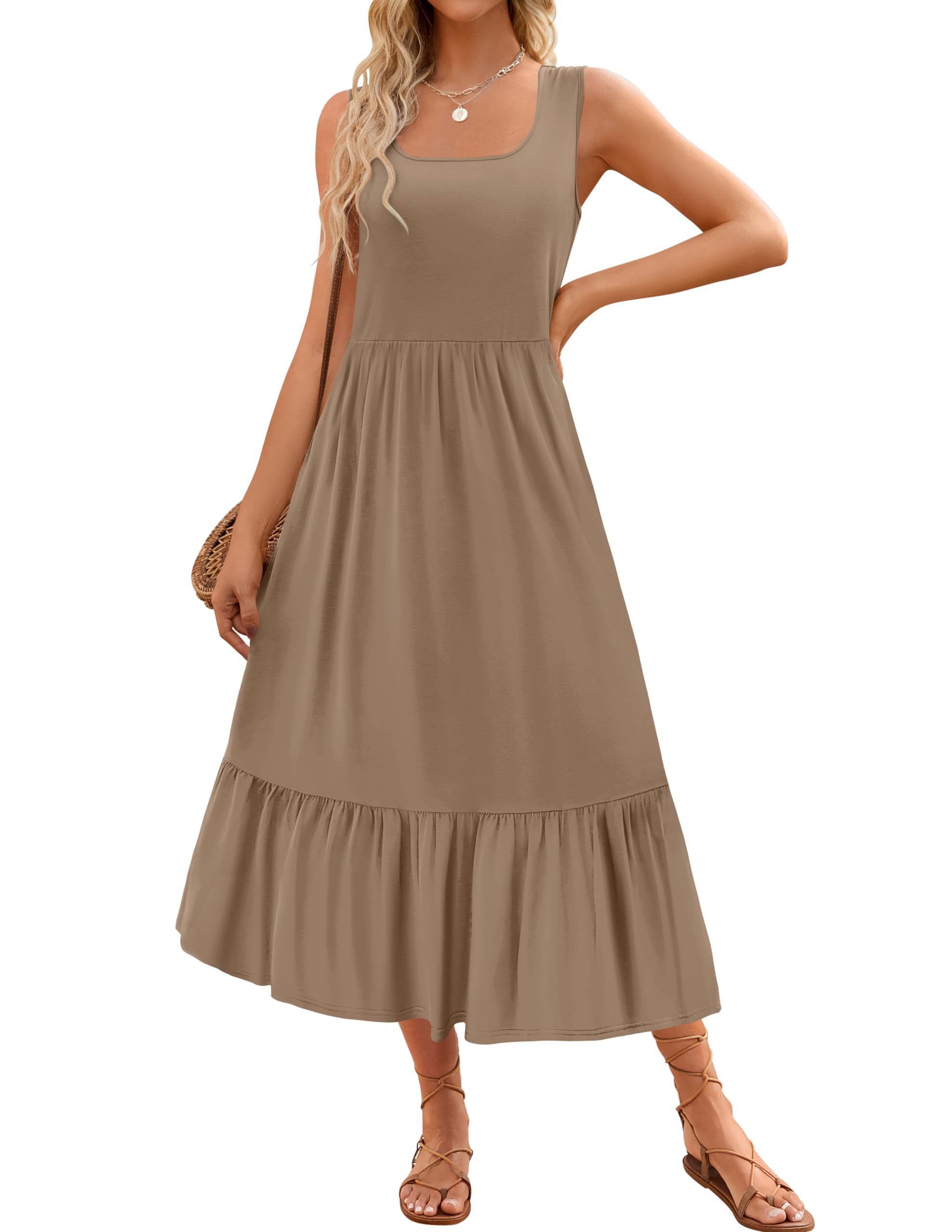 Luxuii Sleeveless Square Neck Tiered Swing Maxi Dress