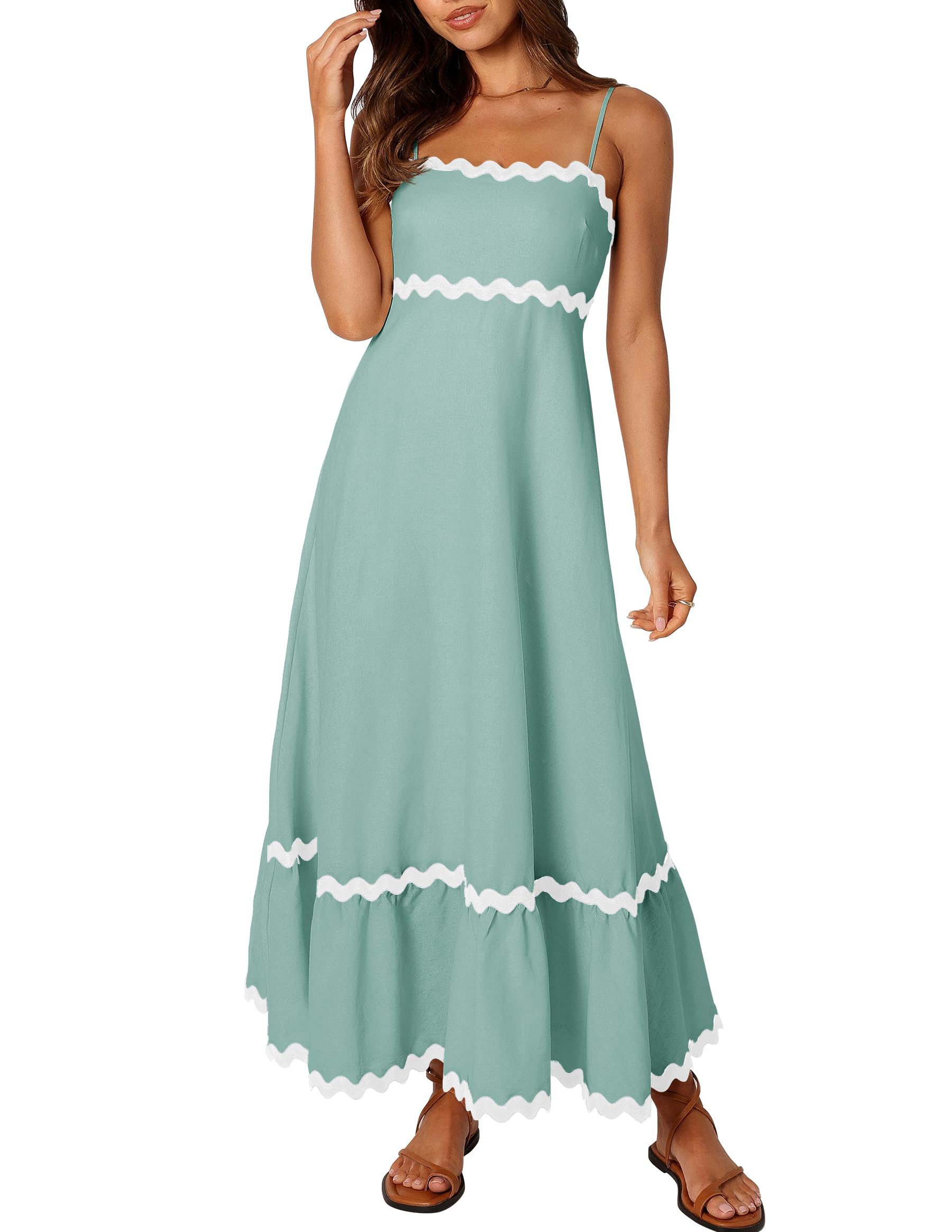 Luxuii Spaghetti Straps Sleeveless Backless Smocked Lace Midi Dress