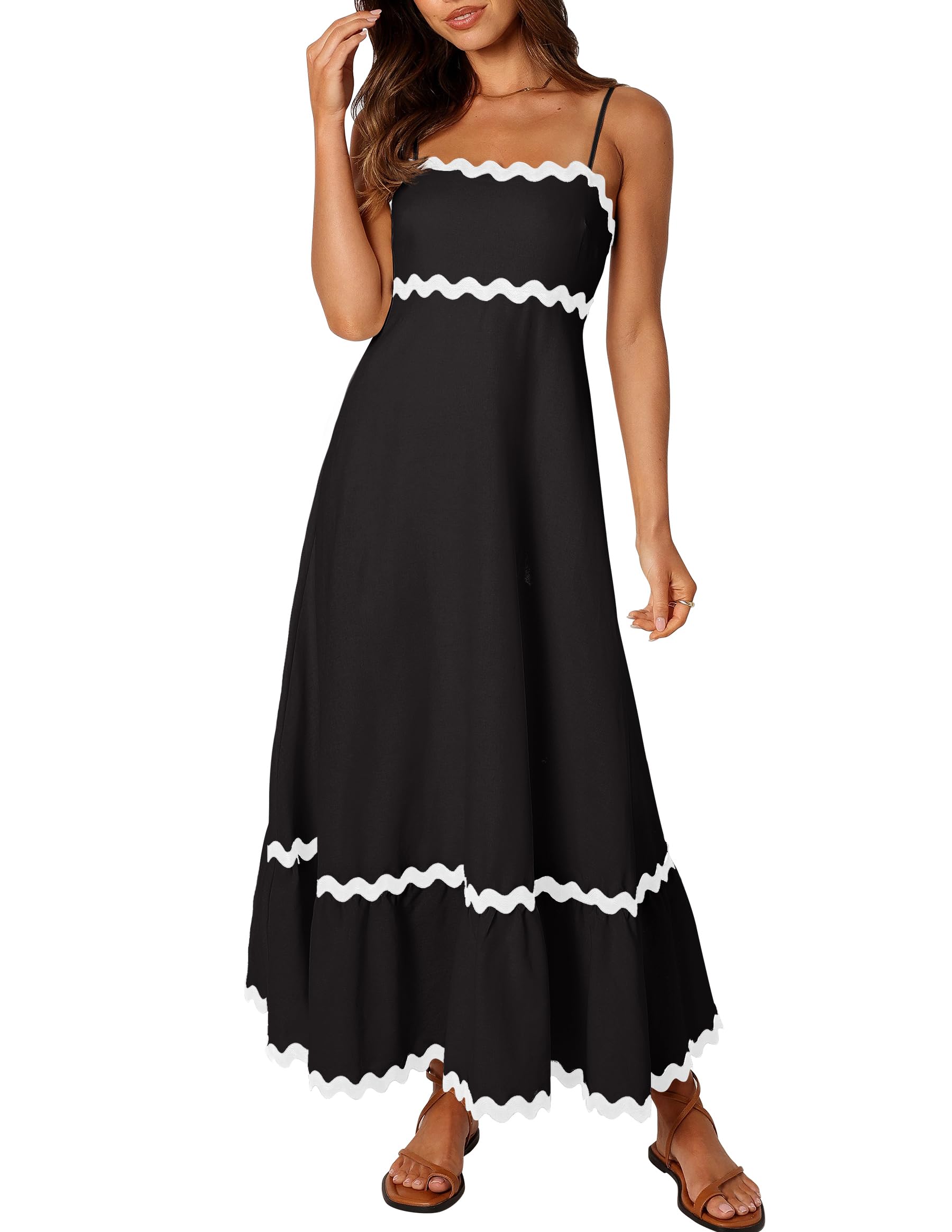 Luxuii Spaghetti Straps Sleeveless Backless Smocked Lace Midi Dress
