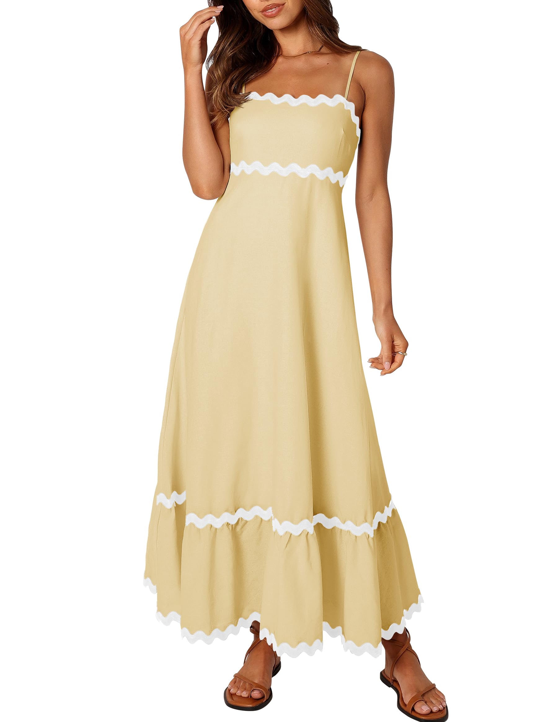 Luxuii Spaghetti Straps Sleeveless Backless Smocked Lace Midi Dress
