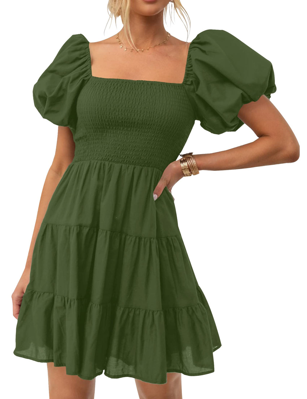 Luxuii Off Shoulder Square Neck Puff Sleeve Smocked ini Dress