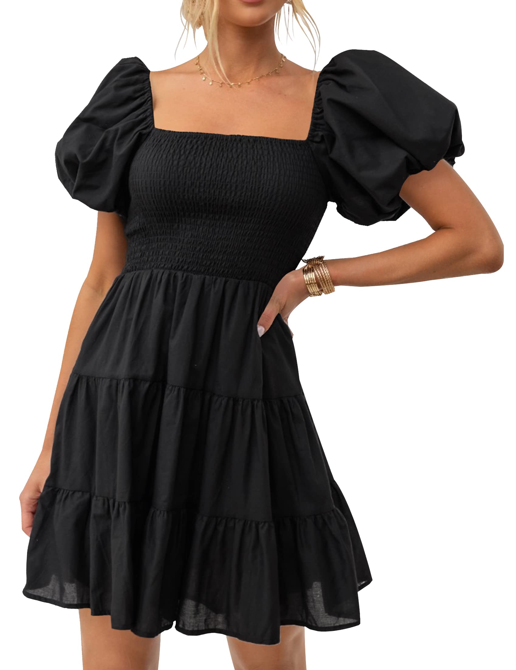 Luxuii Off Shoulder Square Neck Puff Sleeve Smocked ini Dress