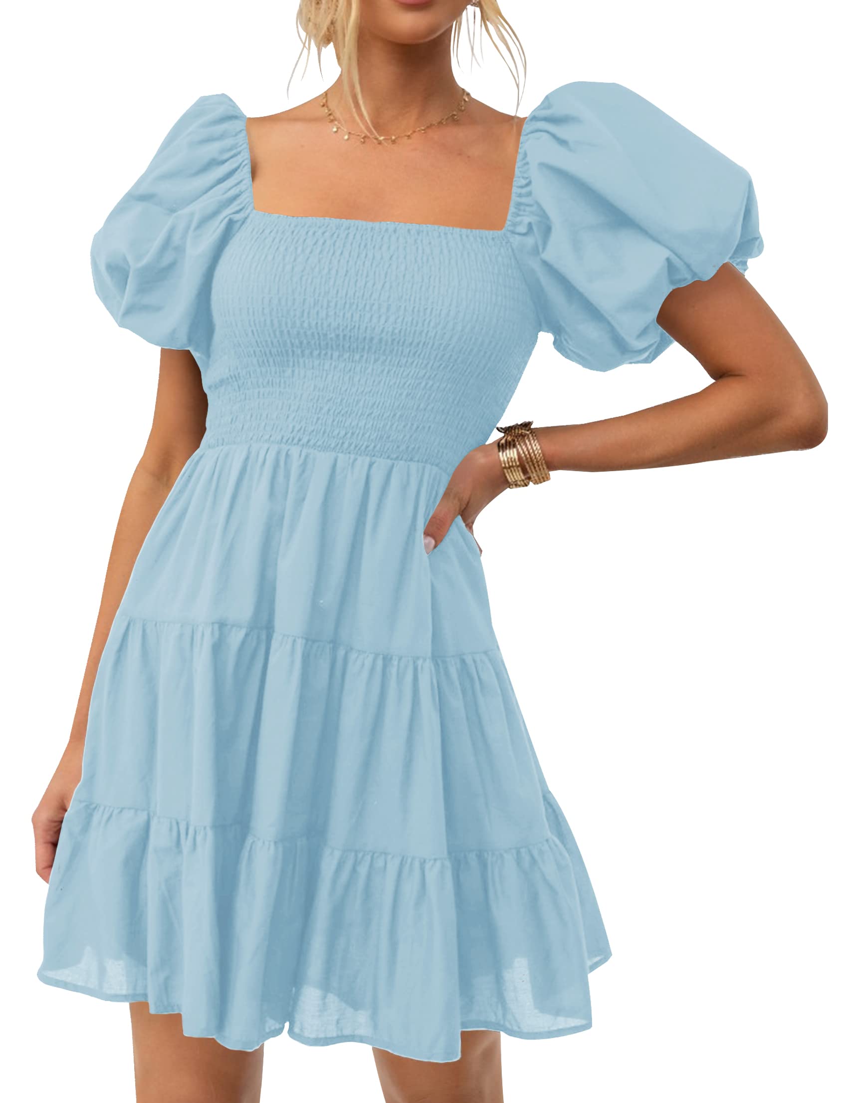 Luxuii Off Shoulder Square Neck Puff Sleeve Smocked ini Dress